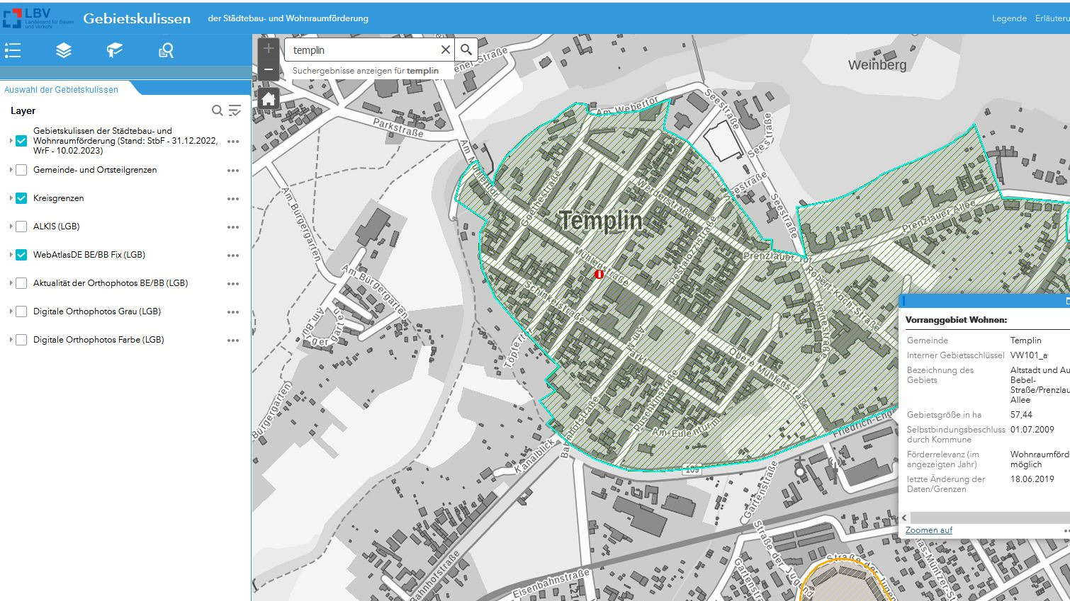 Webanwendung Gebietskulissen der Städtebau- und Wohnraumförderung (© LBV)