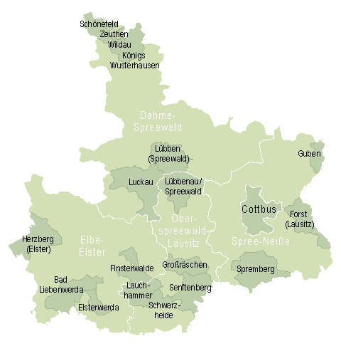 Gemeinden mit erfassten Gewerbe- und Industriegebieten in der Planungsregion Lausitz-Spreewald (© LBV)