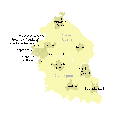 Gemeinden mit erfassten Gewerbe- und Industriegebieten in der Planungsregion Oderland-Spree (© LBV)