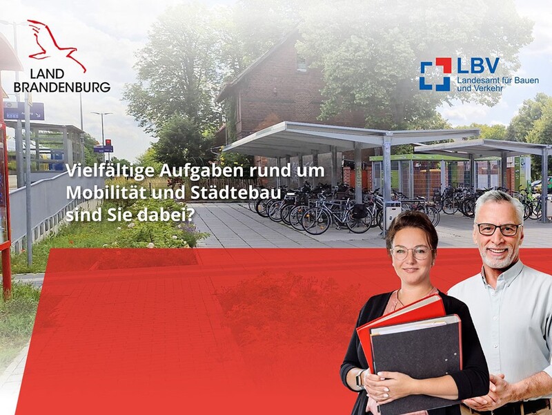 Titelbild Stellenanzeige - Frau und Mann vor einer Fahrradabstellanlage (© Landesamt für Bauen und Verkehr, Julia Otto, Gemeinsame Obere Luftfahrtbehörde Berlin-Brandenburg; westpress, shutterstock)