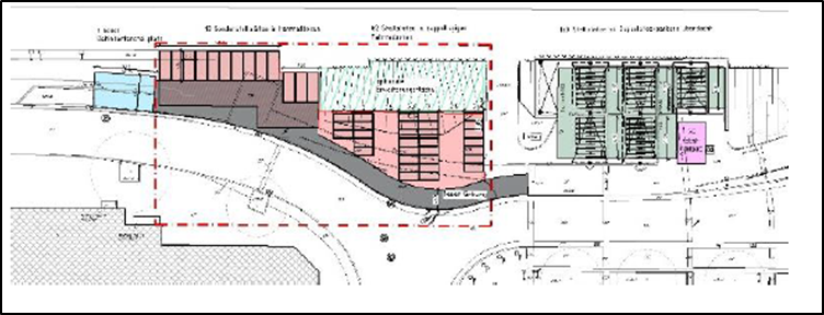 Südseite mit der Aufteilung der B+R Anlagen: grün geplante Modulanlage, rot geplante Fahrradboxen (© Verkehrsverbund Berlin-Brandenburg)