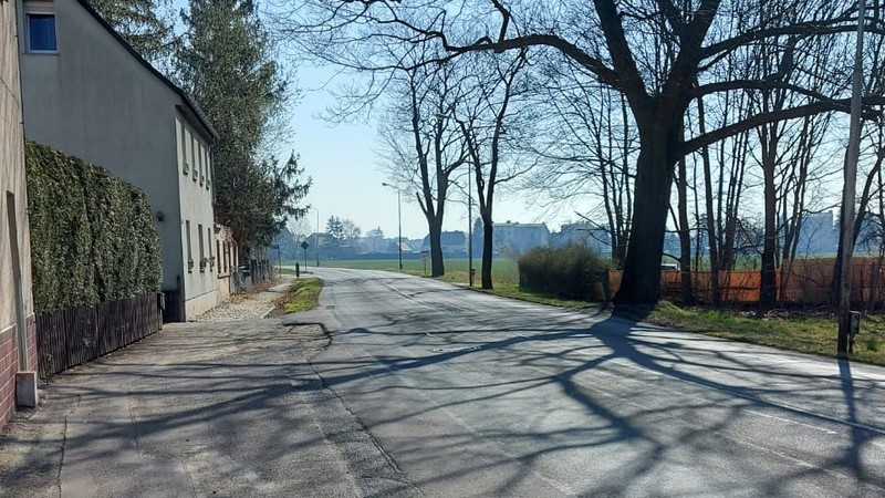 unsanierte Straße, Bäume, Gebäude