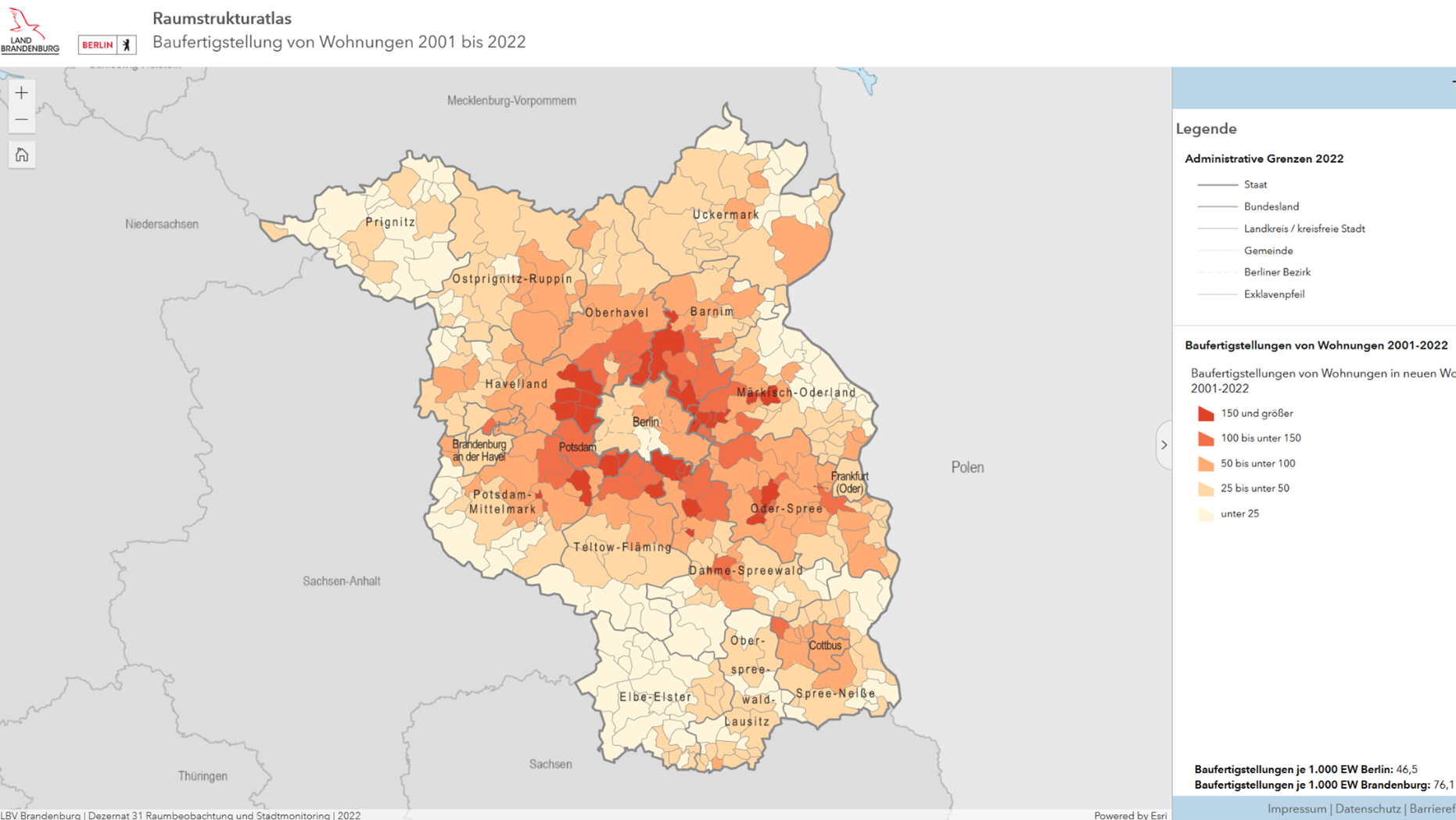 Bildschirmansicht Raumstrukturatlas Hauptstadtregion Berlin-Brandenburg: Karte Baufertigstellung von Wohnungen 2001 bis 2022