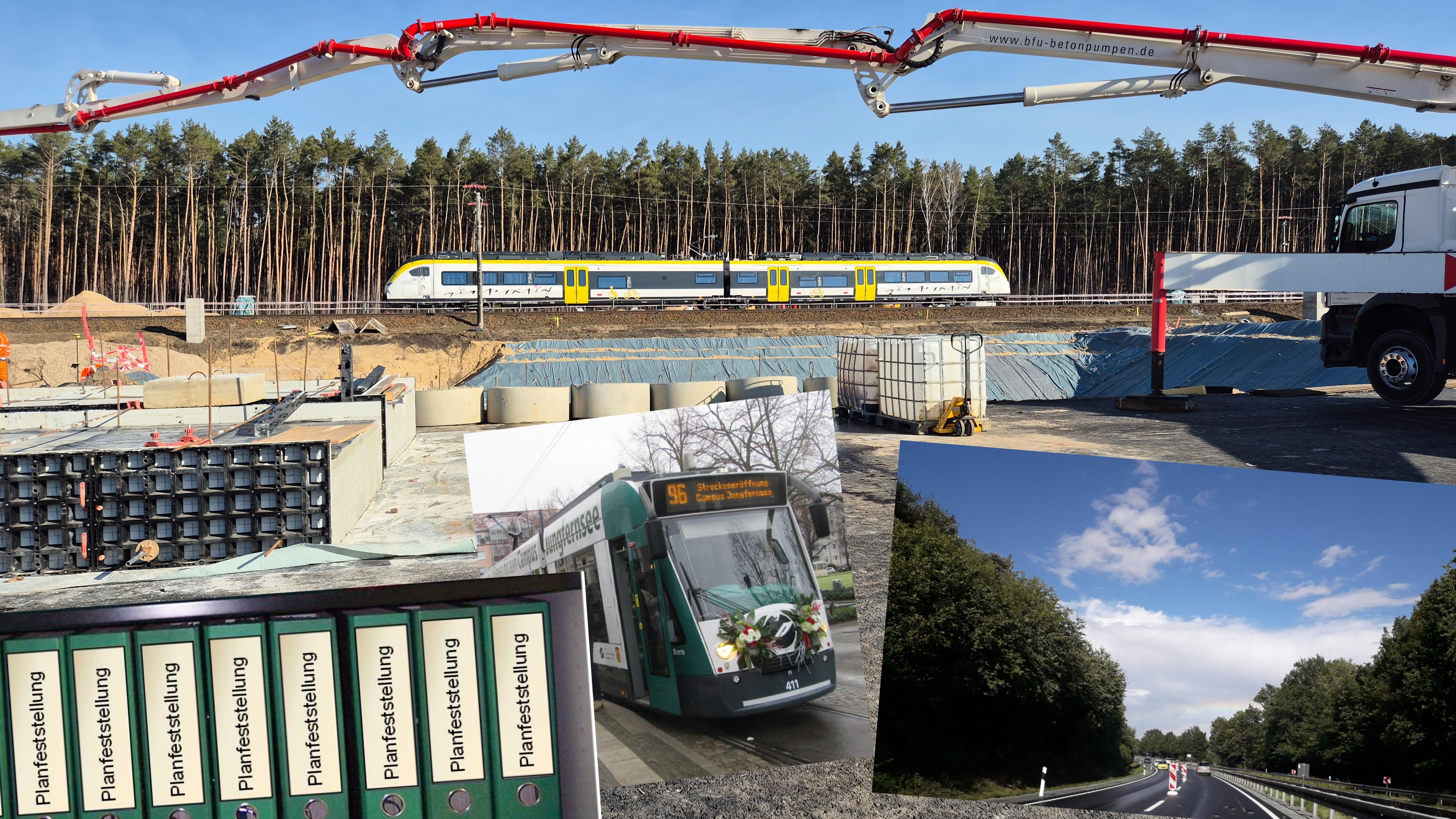 Collage mit Baustelle, Zug, Straßenbahn, Autobahn und Ordnern zur Planfeststellung