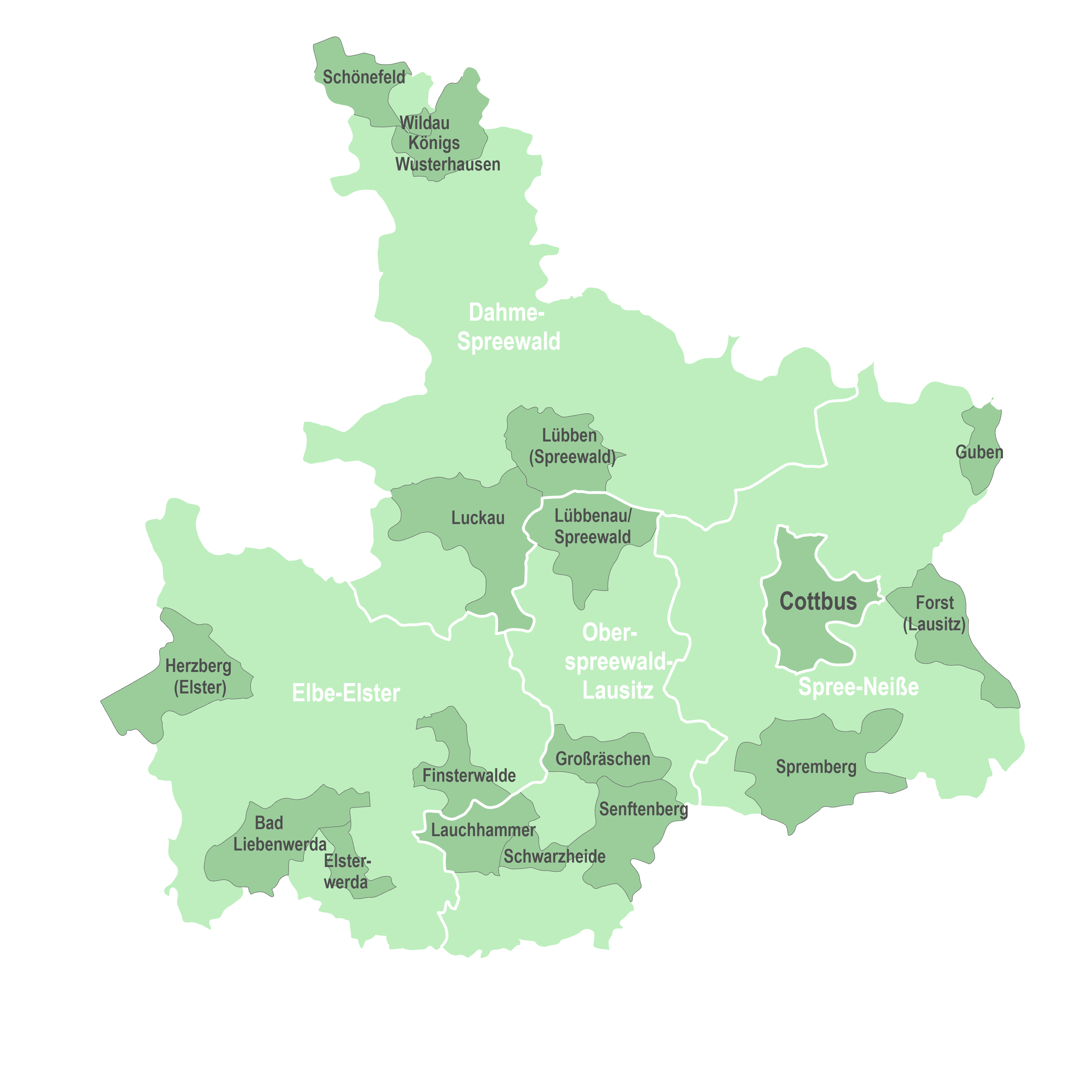 Karte von Gemeinden mit erfassten Gewerbe- und Industriegebieten in der Planungsregion Lausitz-Spreewald