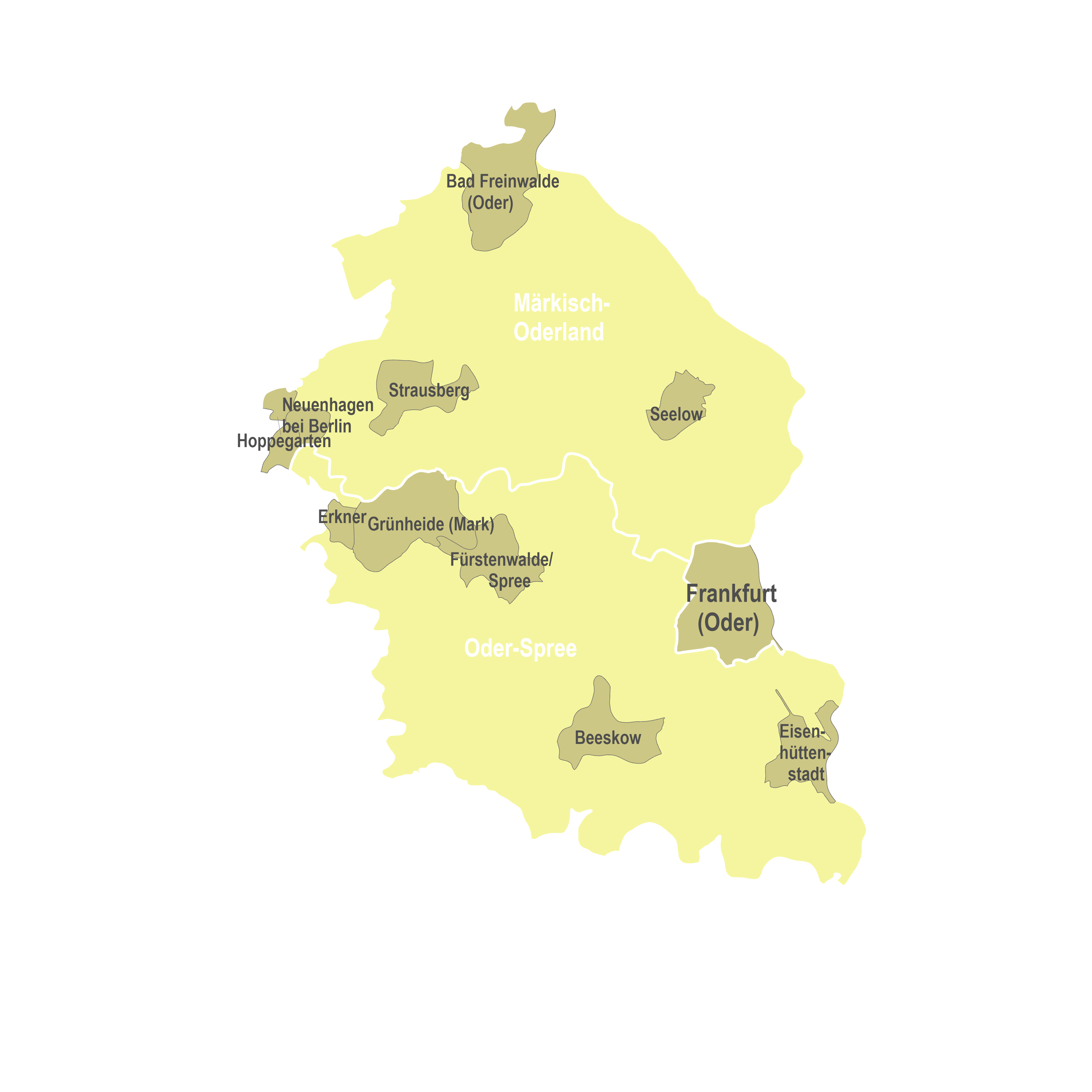 Karte von Gemeinden mit erfassten Gewerbe- und Industriegebieten in der Planungsregion Oderland-Spree