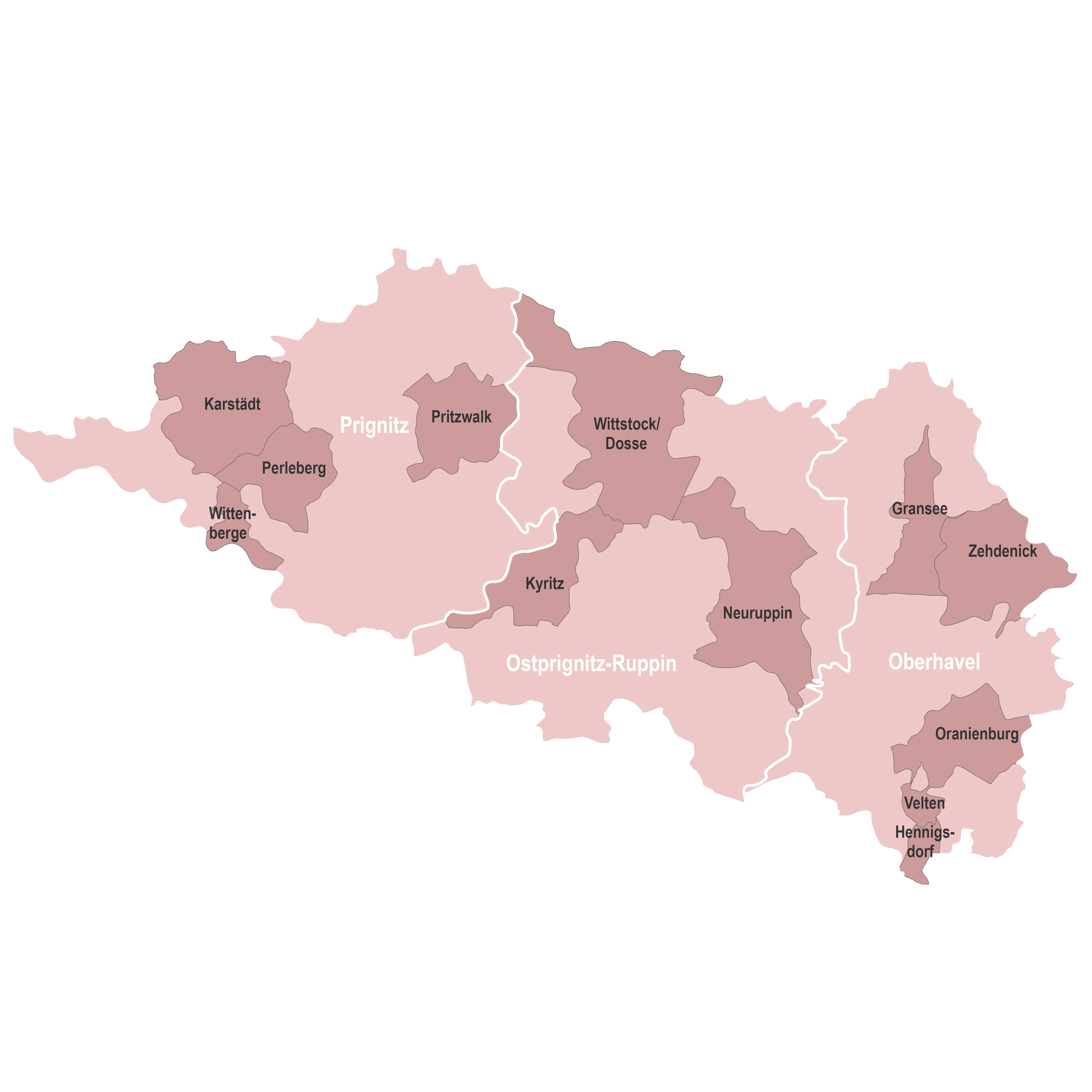 Karte von Gemeinden mit erfassten Gewerbe- und Industriegebieten in der Planungsregion Prignitz-Oberhavel