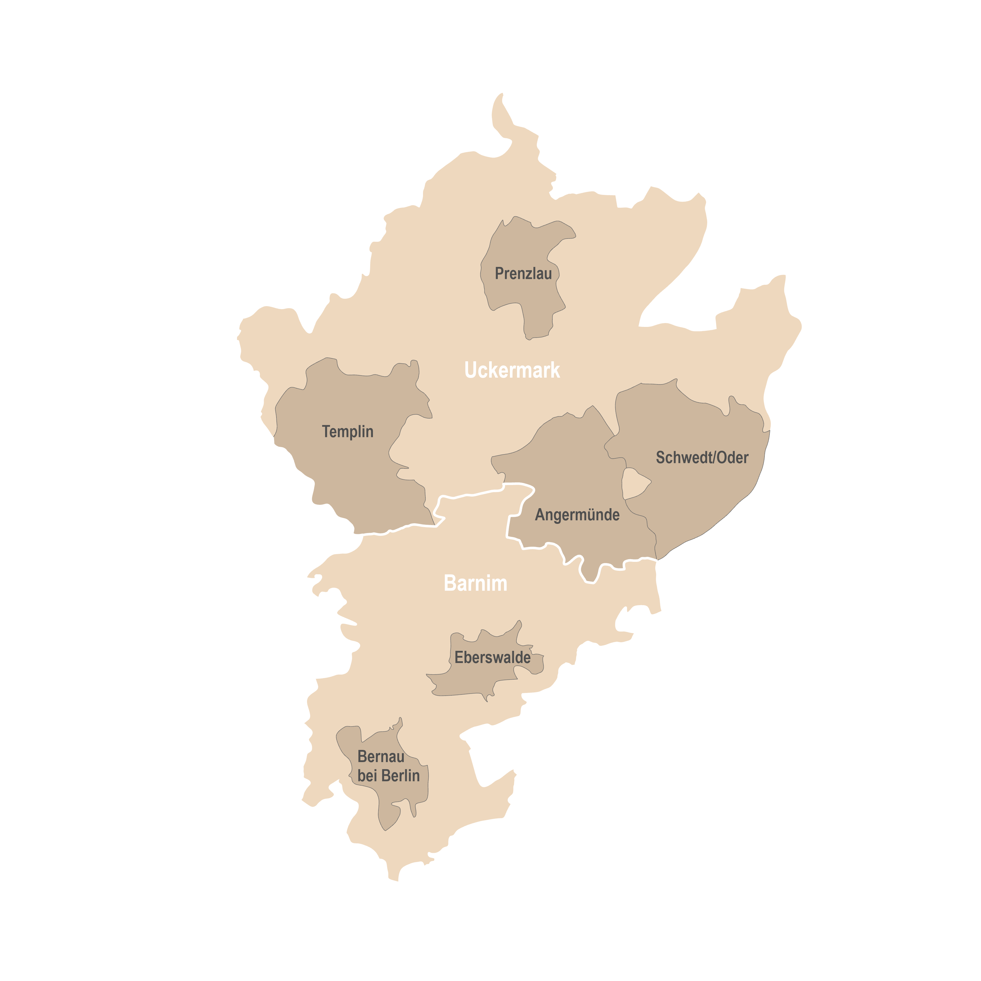 Karte von Gemeinden mit erfassten Gewerbe- und Industriegebieten in der Planungsregion in der Uckermark-Barnim