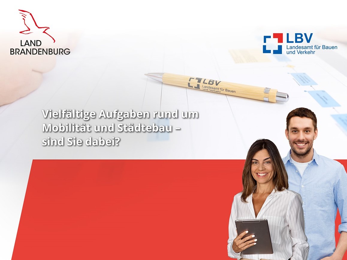 Kopfbild einer Stellenanzeige. Oben das Logo des LBV, unten zwei lächelnde Personen – eine Frau und ein Mann. Der Text lautet: "Vielfältige Aufgaben rund um Mobilität und Städtebau – sind Sie dabei?"
