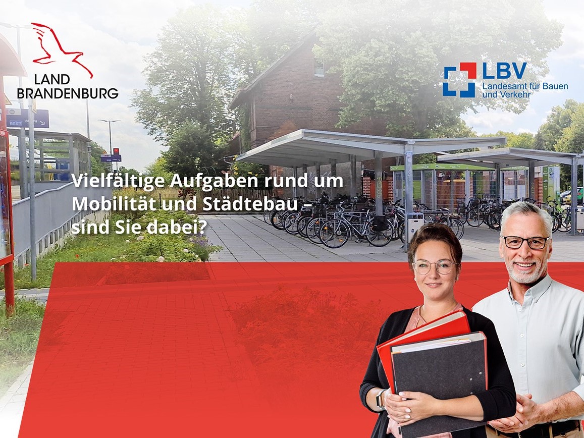 Kopfbild einer Stellenanzeige. Oben das Logo des LBV, unten zwei lächelnde Personen – eine Frau und ein Mann. Der Text lautet: "Vielfältige Aufgaben rund um Mobilität und Städtebau – sind Sie dabei?"