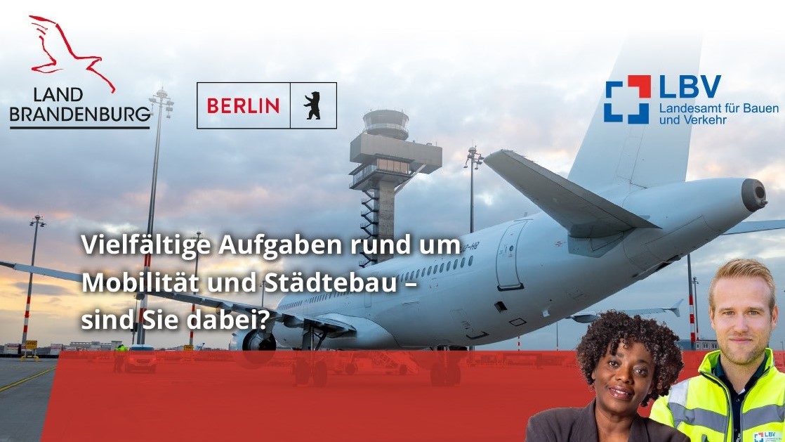 Kopfbild einer Stellenanzeige. Oben das Logo des LBV, unten zwei lächelnde Personen – eine Frau und ein Mann. Der Text lautet: "Vielfältige Aufgaben rund um Mobilität und Städtebau – sind Sie dabei?"