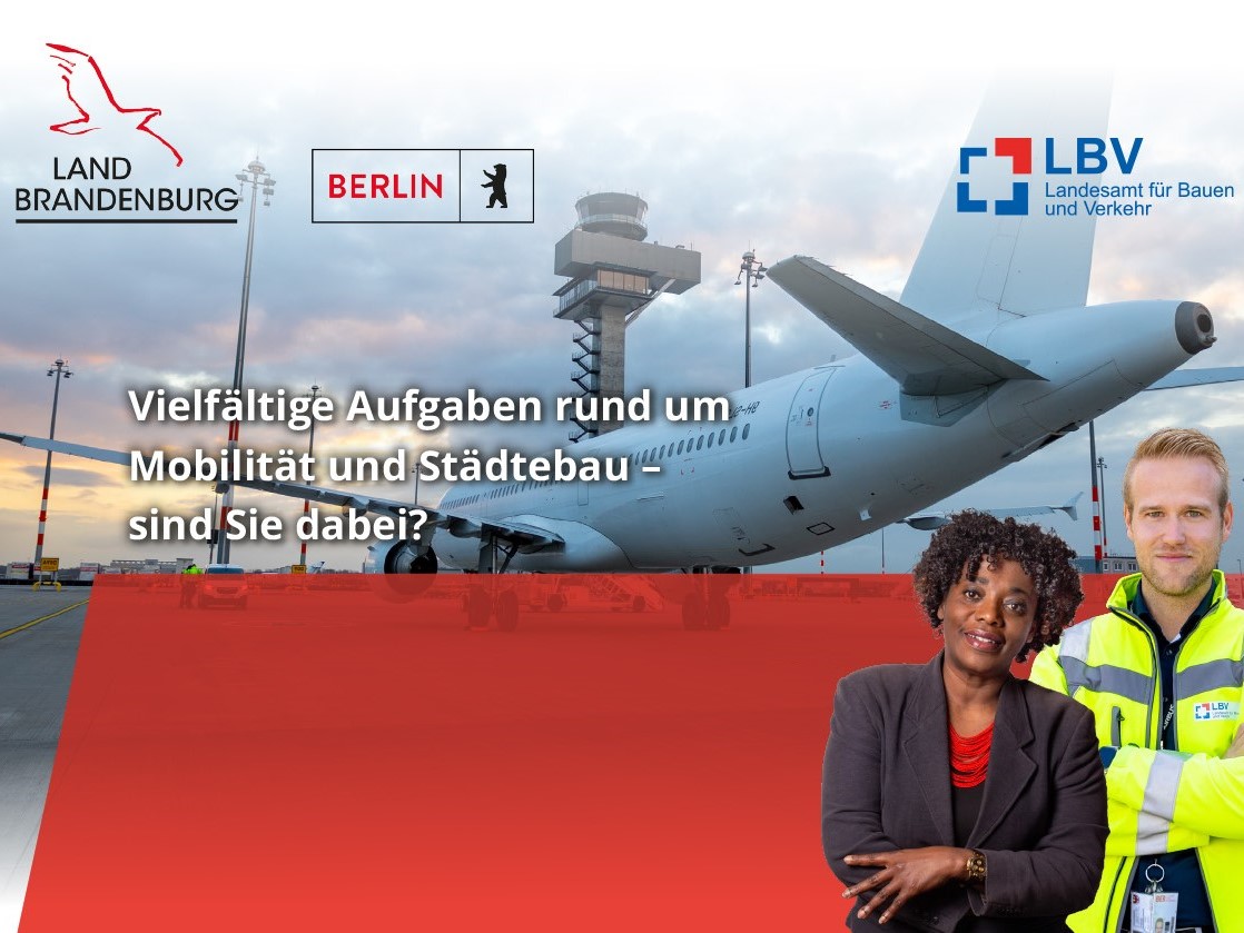Kopfbild einer Stellenanzeige. Oben das Logo des LBV, unten zwei lächelnde Personen – eine Frau und ein Mann. Der Text lautet: "Vielfältige Aufgaben rund um Mobilität und Städtebau – sind Sie dabei?"