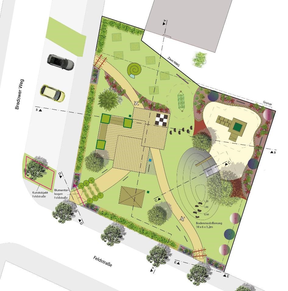 Sie sehen den planerischen Hauptentwurf des Nachbarschaftsgarten in Nauen in der Feldstraße
