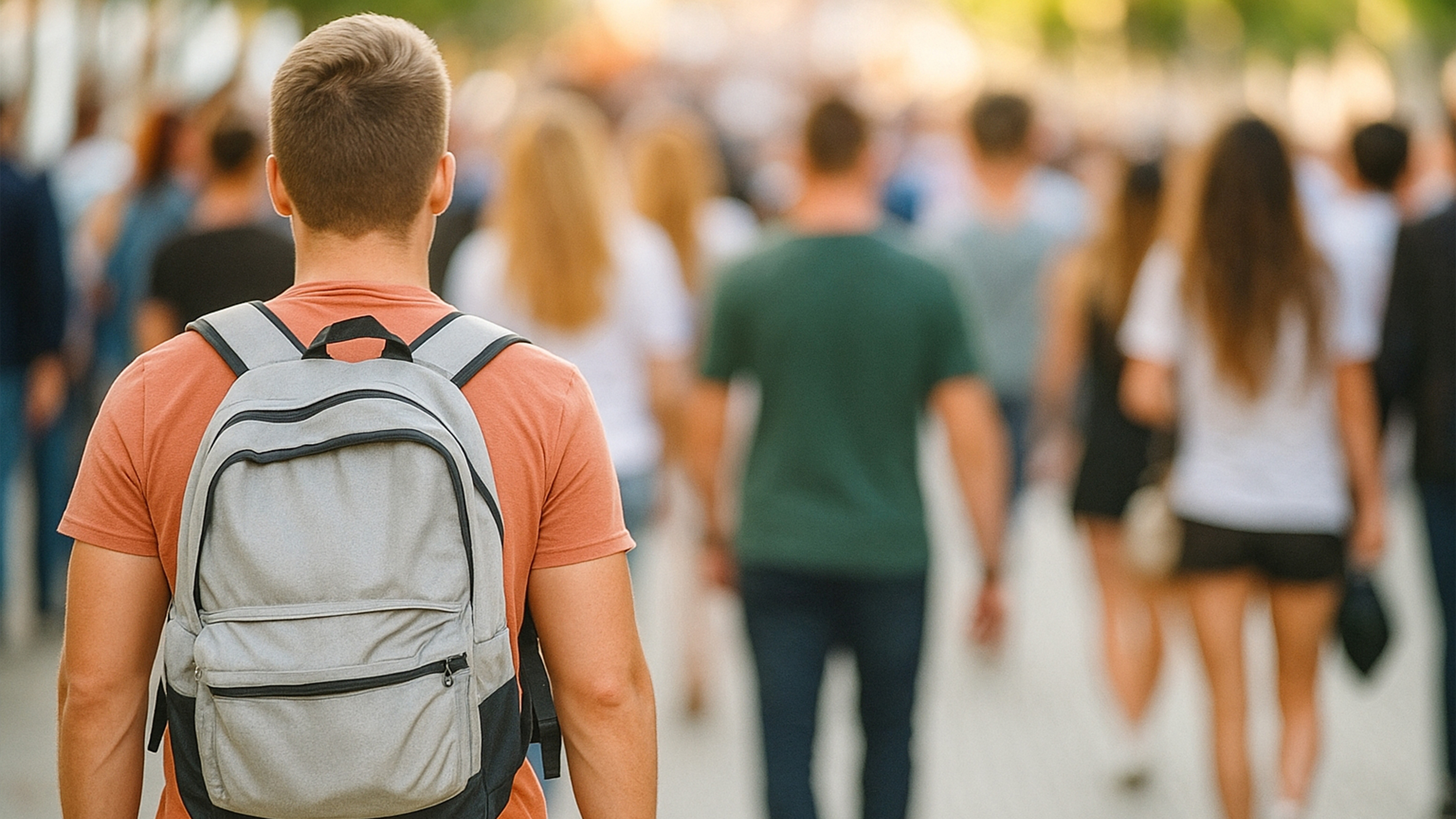 laufende Menschen von hinten, im Vordergrund Mann mit Rucksack