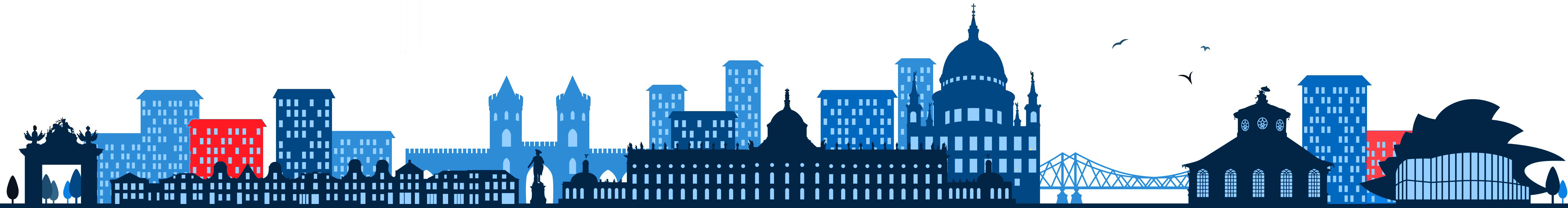 Panorama einer Stadt als Grafik (hier Potsdam): Häuser, Türme, Brücken, historische Gebäude