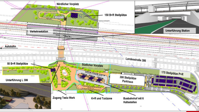 Planungsunterlage ergänzt um virtuelle Bildausschnitte für die Planung des Bahnhofsvorplatzes in Fangschleuse