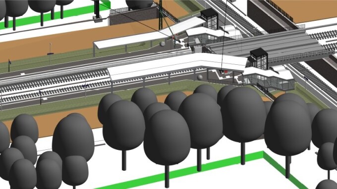 virtuelle Planungsskizze mit Gleisen, überdachten Bahnsteigen und Bäumen